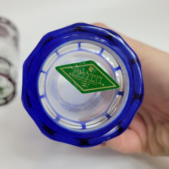 2 Godinger Shannon Crystal Clam Shell Cut to Clear Blue Amethyst Highball Glass - Picture 4 of 4